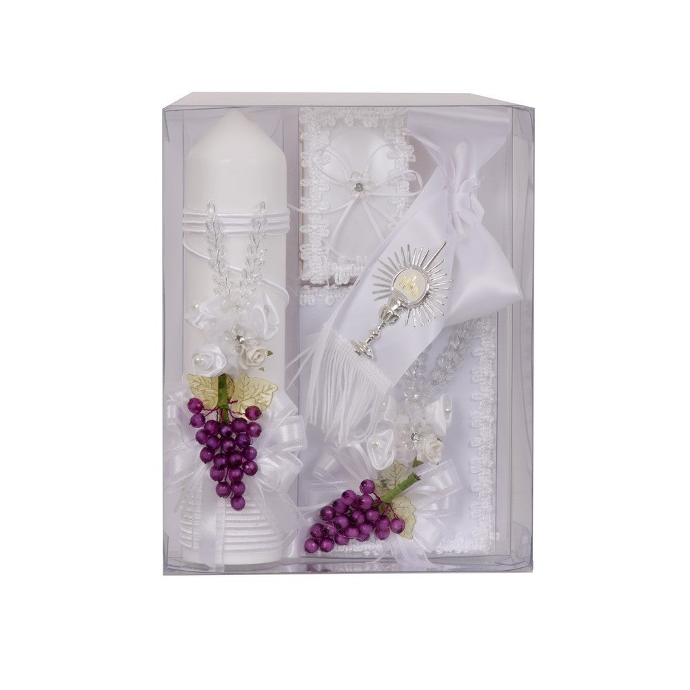 Boys White Grape Detail English Version First Communion Candle Set