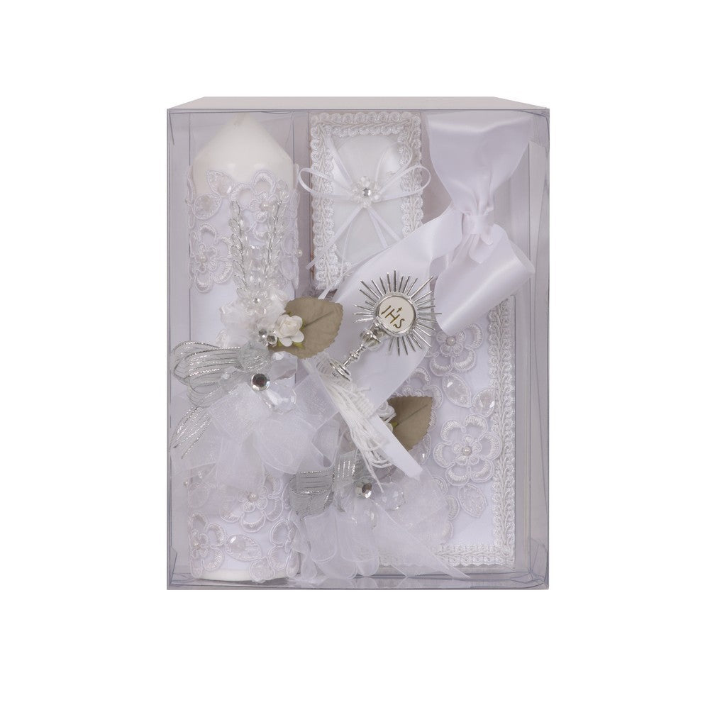 Boys White Floral Applique English Version First Communion Candle Set