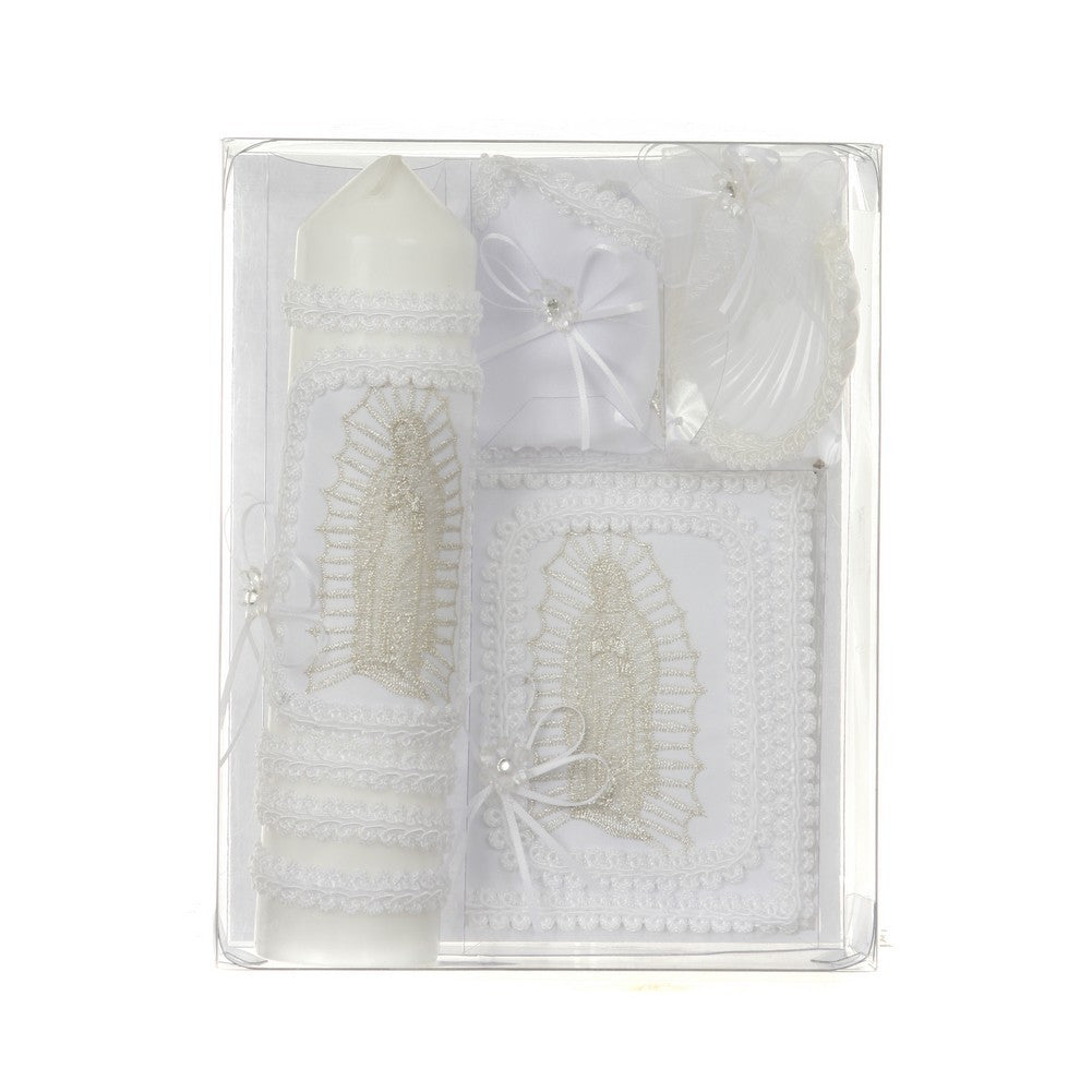 Unisex White Virgin Mary Detail Spanish Version Baptism Candle Set