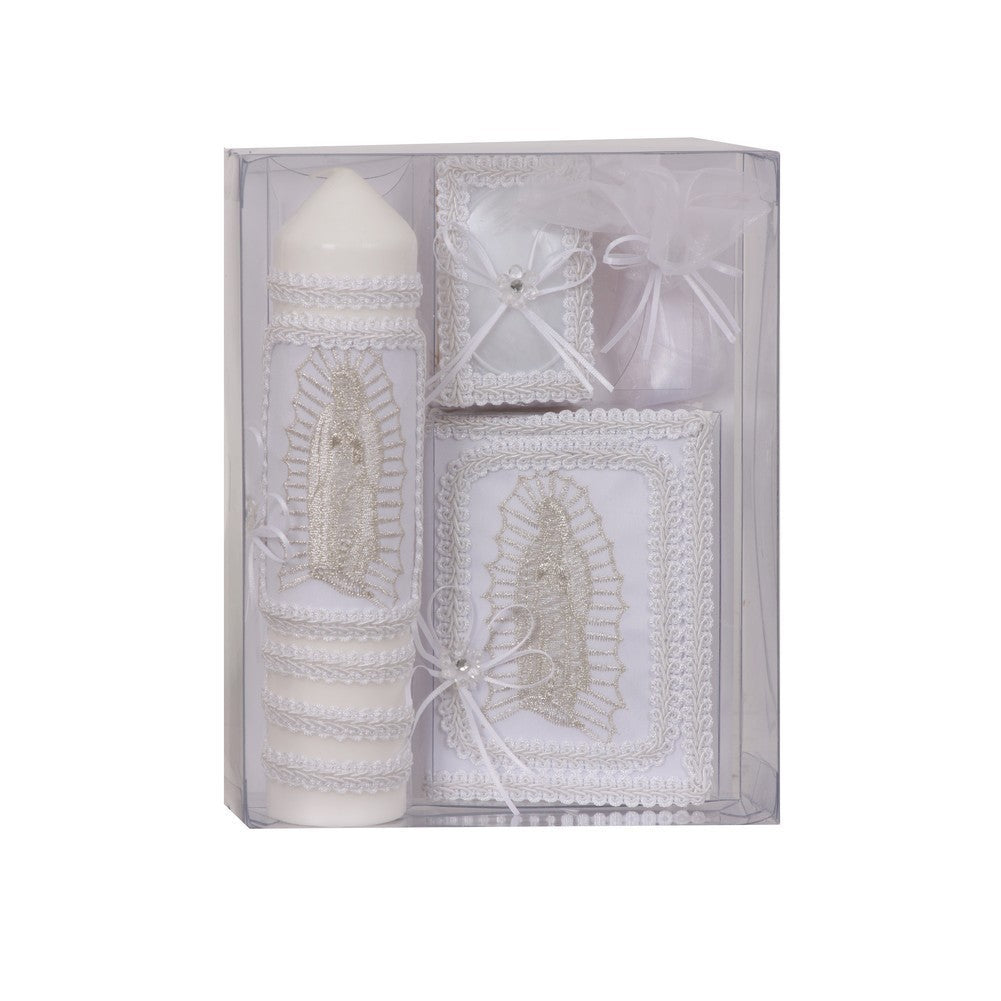 Girls White Virgin Mary Detail Spanish First Communion Candle Set