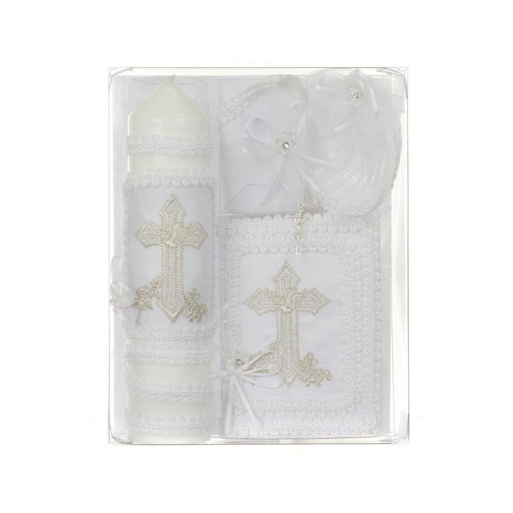 Unisex White Cross Embroidery Spanish Version Baptism Candle Set