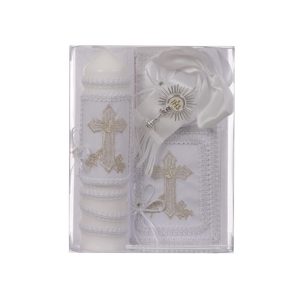 Boys White Cross Detail English Version First Communion Candle Set