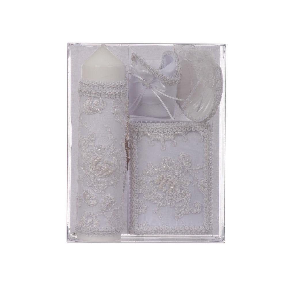 Unisex White Flower Beaded Embroidery English Baptism Candle Set
