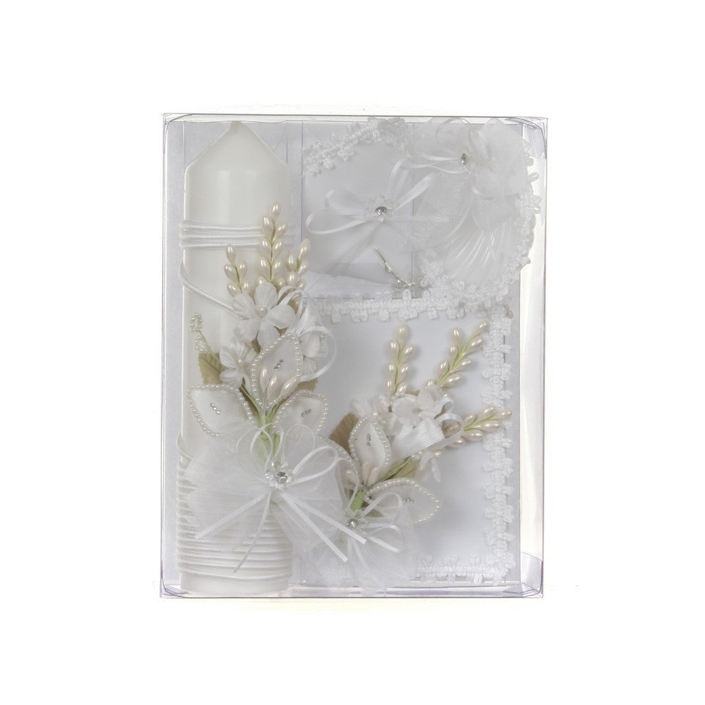 Unisex White Floral Leaf Applique English Baptism Candle Set