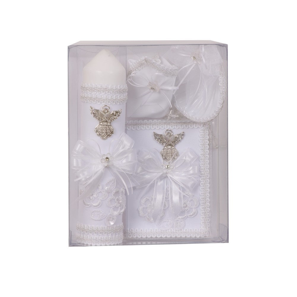 Unisex White Holy Spirit Applique English Baptism Candle Set