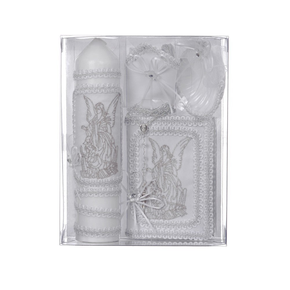 Unisex White Angel Embroidery English Version Baptism Candle Set