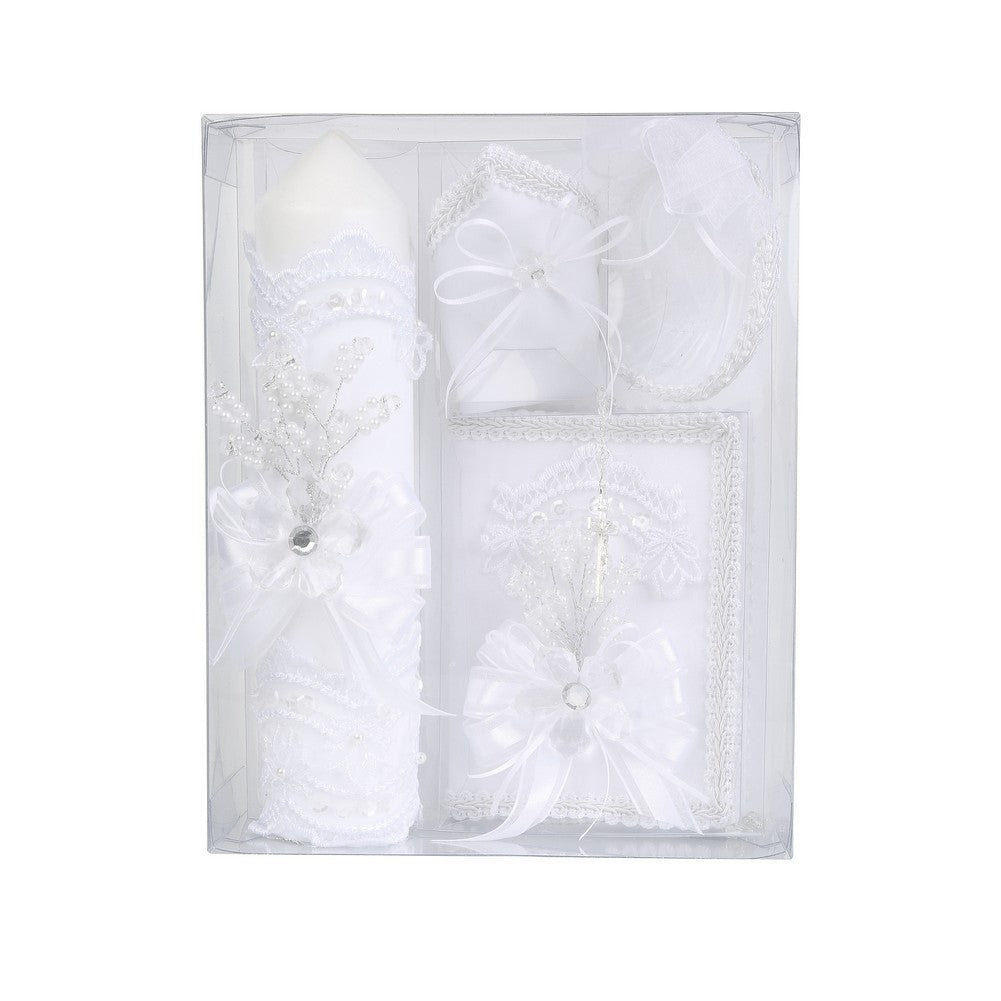 Unisex White Flower Ribbon Applique English Baptism Candle Set