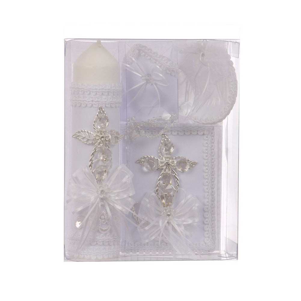 Unisex White Cross Ribbon Applique Spanish Baptism Candle Set
