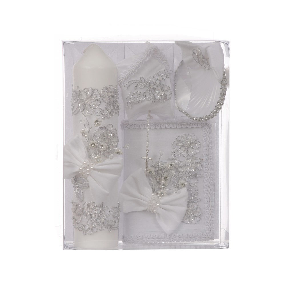Unisex White Bow Flower Applique English Version Baptism Candle Set