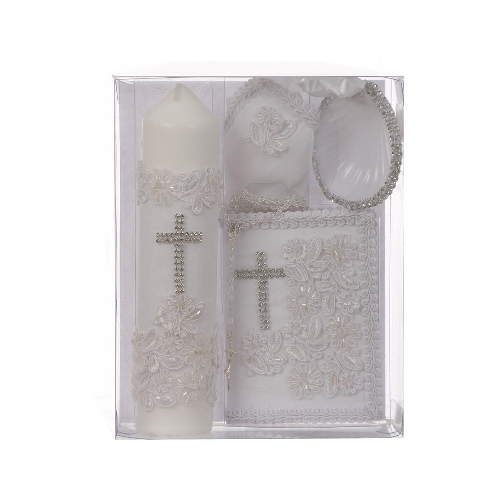 Unisex White Flower Applique Cross English Version Baptism Candle Set