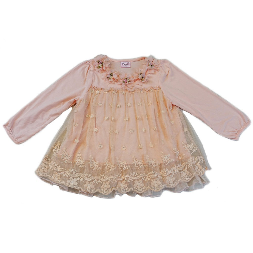 Girls Coral Lace Covered Flower Embellished Shirt S (9-24M)-XL (6-8)