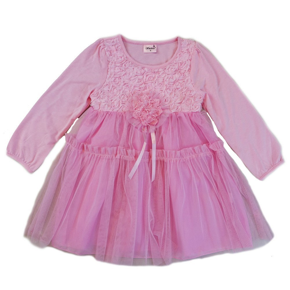 Girls Pink 3-D Flower Adorned Long Sleeve Dress S (9-24M)-XL (6-8)