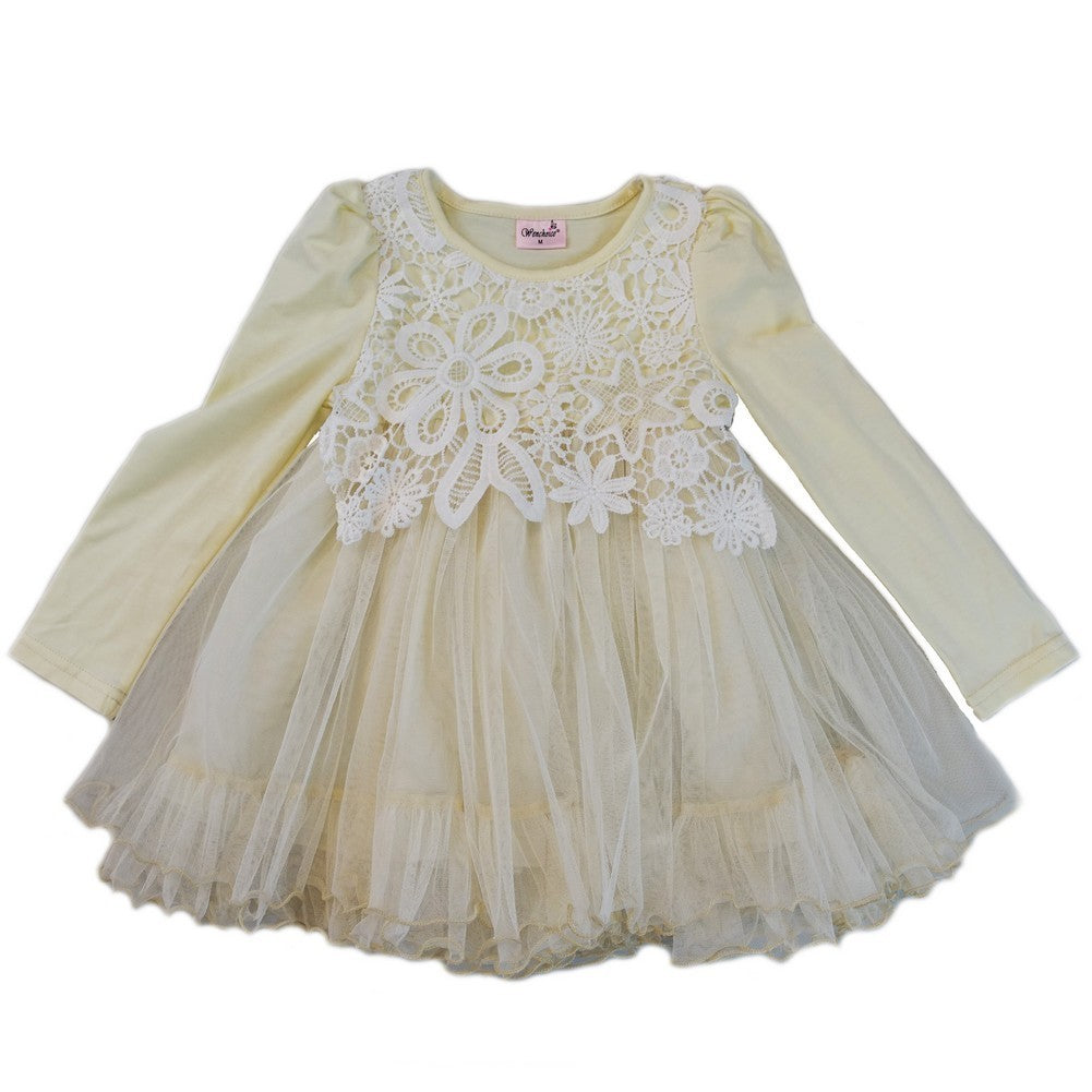 Girls Ivory Lace Covered Long Sleeved Dress S (9-24M)-XL (6-8)