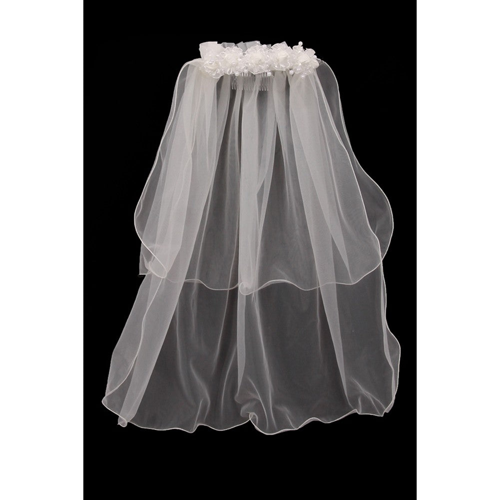 Girls Ivory Floral Pearl Adorned Crown Double Layer Communion Flower Girl Veil