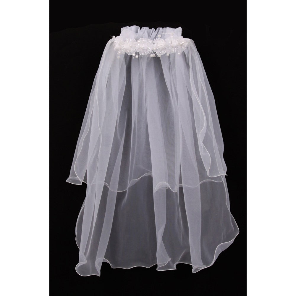 Girls White Floral Pearl Adorned Crown Double Layer Communion Flower Girl Veil
