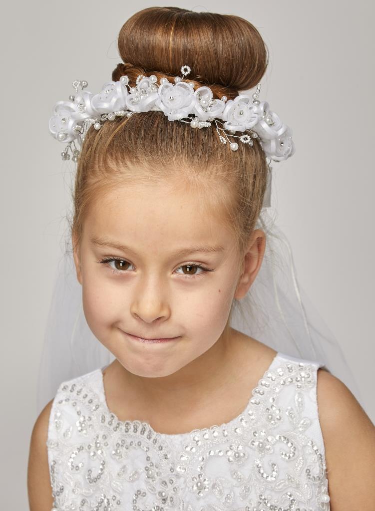 Girls White Pearl Flowers Rhinestone Crown Flower Girl Communion Veil