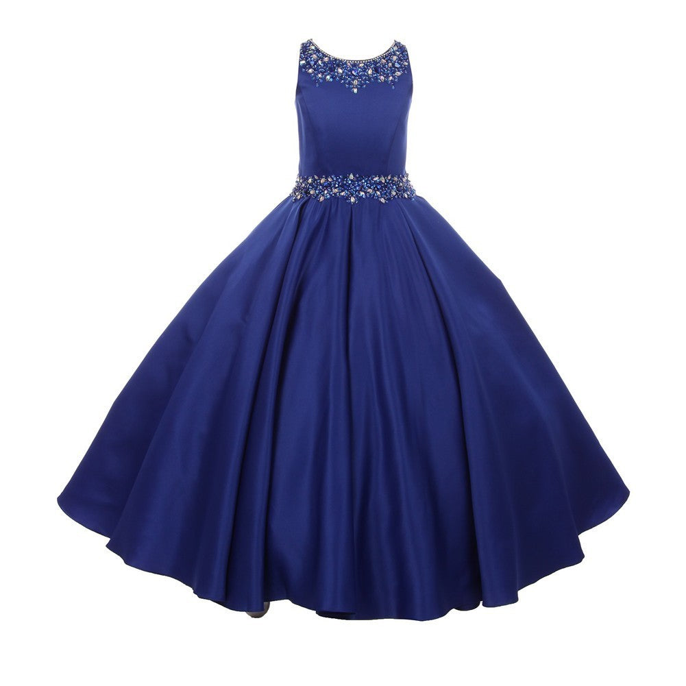 Big Girls Royal Blue Beaded Pleated Dull Satin Junior Bridesmaid Dress 8-16