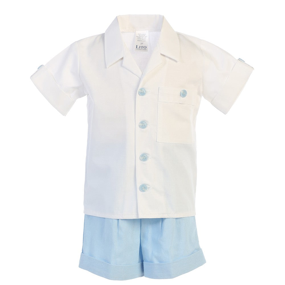 Little Boys Light Blue Poly Cotton Shirt Rayon Linen Shorts Set 2-4T
