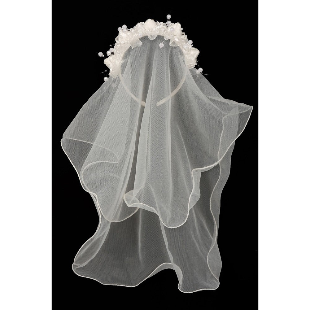 Girls Ivory Flower Pearl Crown Mesh Short Communion Flower Girl Veil