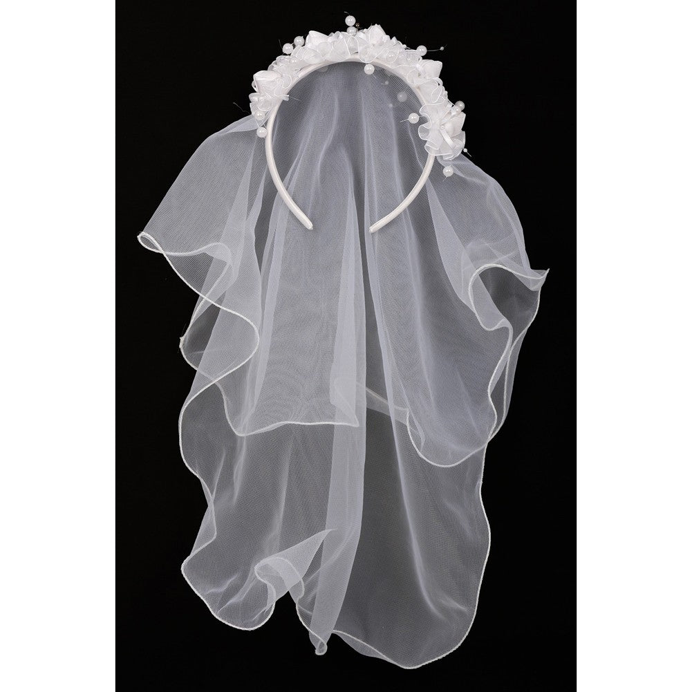 Girls White Flower Pearl Crown Mesh Short Communion Flower Girl Veil