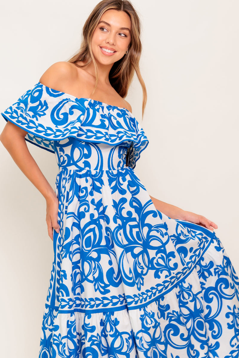 BLOOM SERENADE BLUE WOVEN MIDI DRESS
