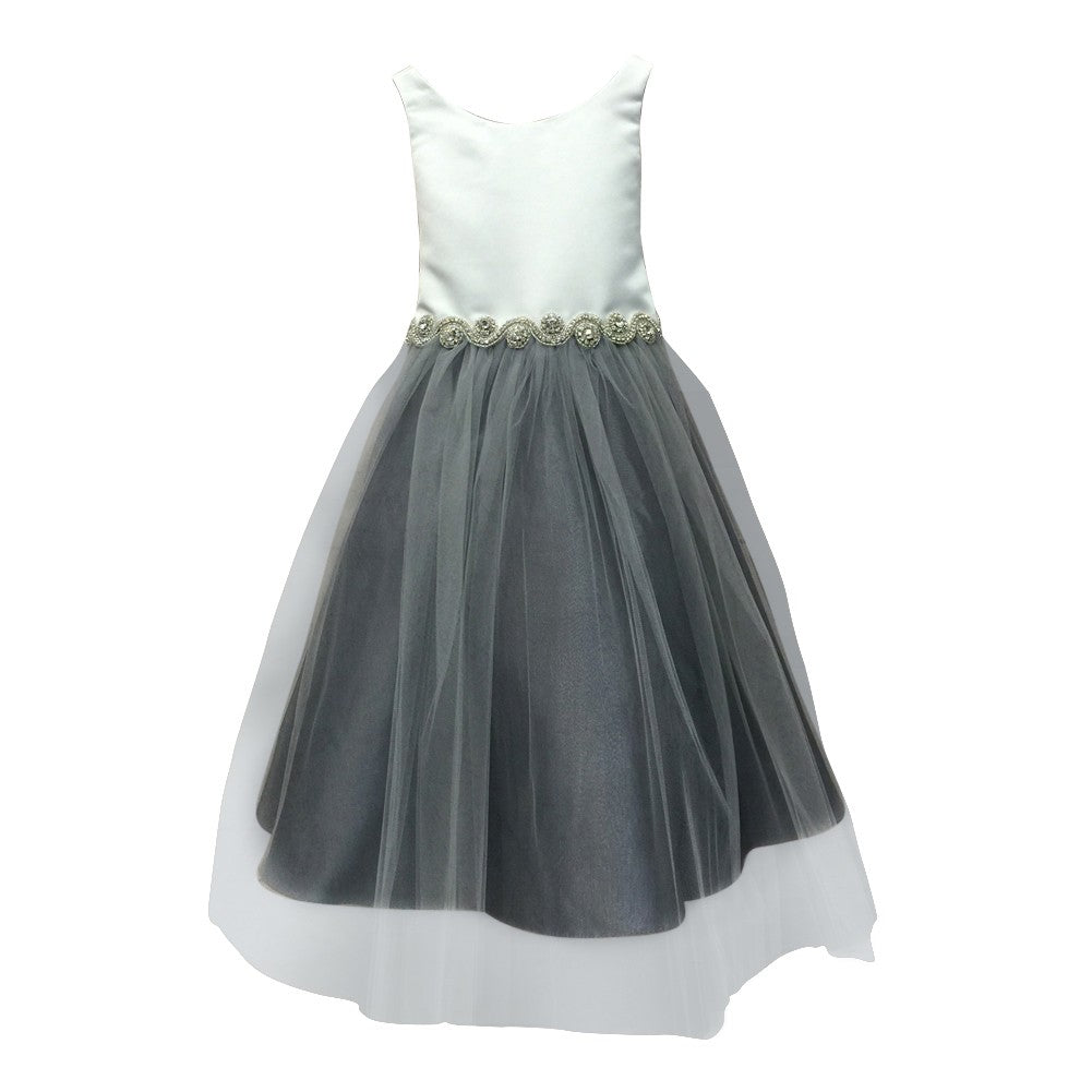 Little Girls Ivory Grey Satin Rhinestone Tulle Occasion Dress 2T-6