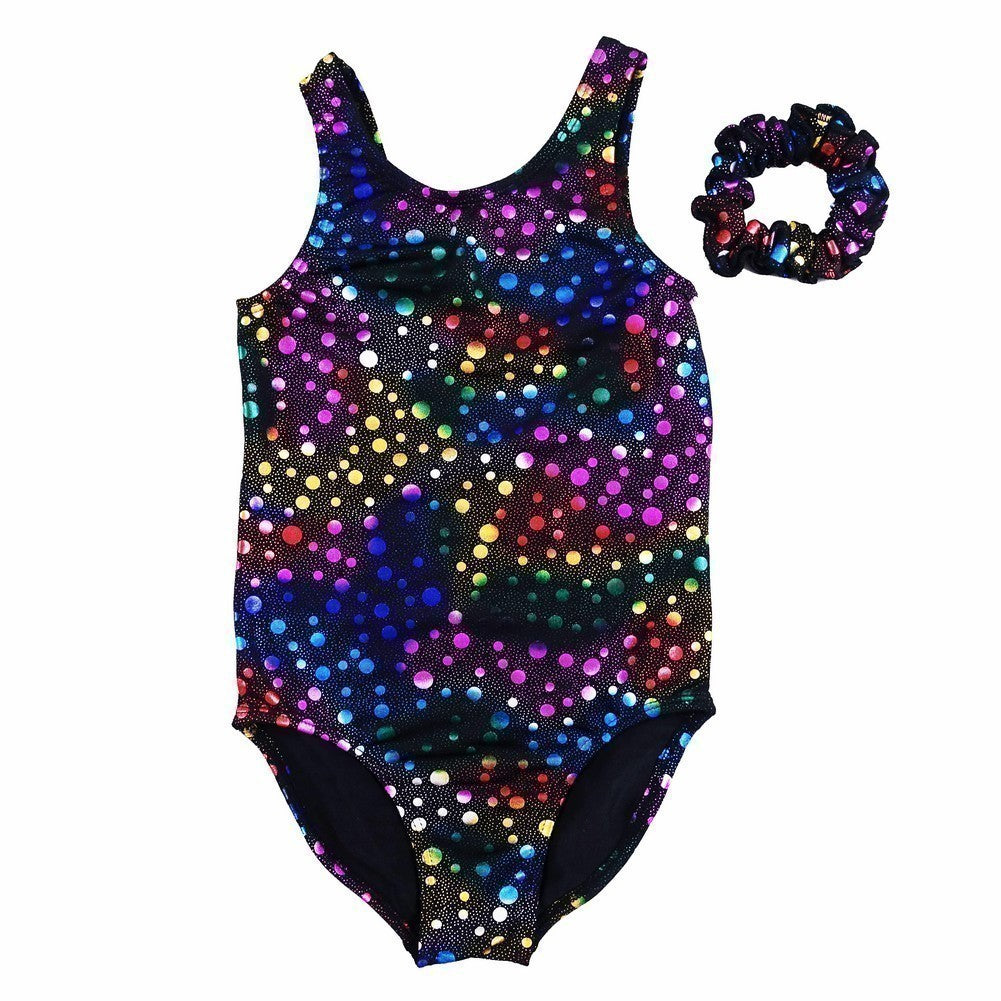 Girls Black Multi Color Rainbow Dots Leotard S (9-24M)-XL (6-8)