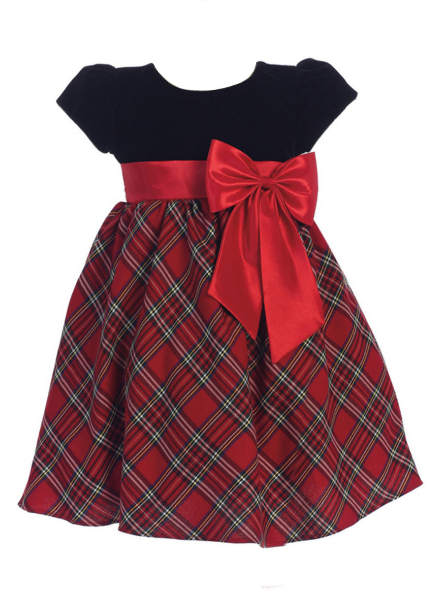 Girls Red Black Velvet Plaid Taffeta Bow Christmas Dress 2T-10