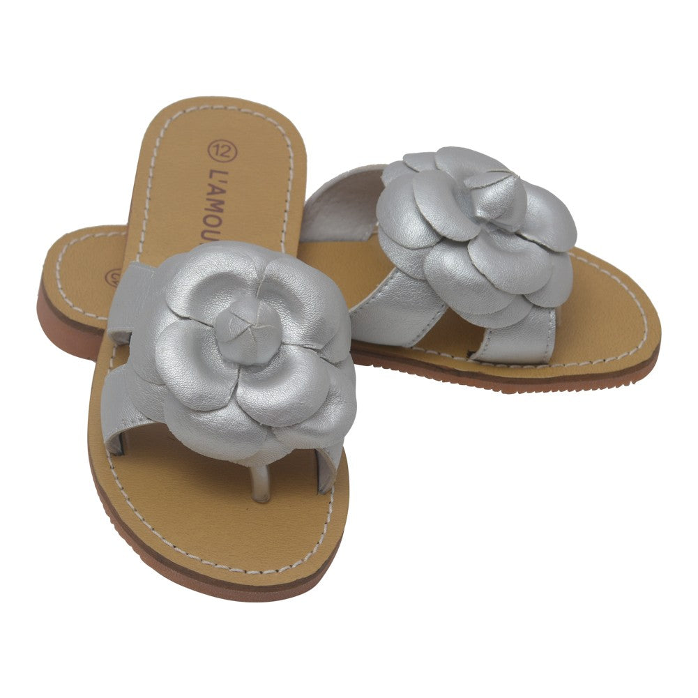 Girls Silver Flower Accent Thong Trendy Sandals 11-4 Kids