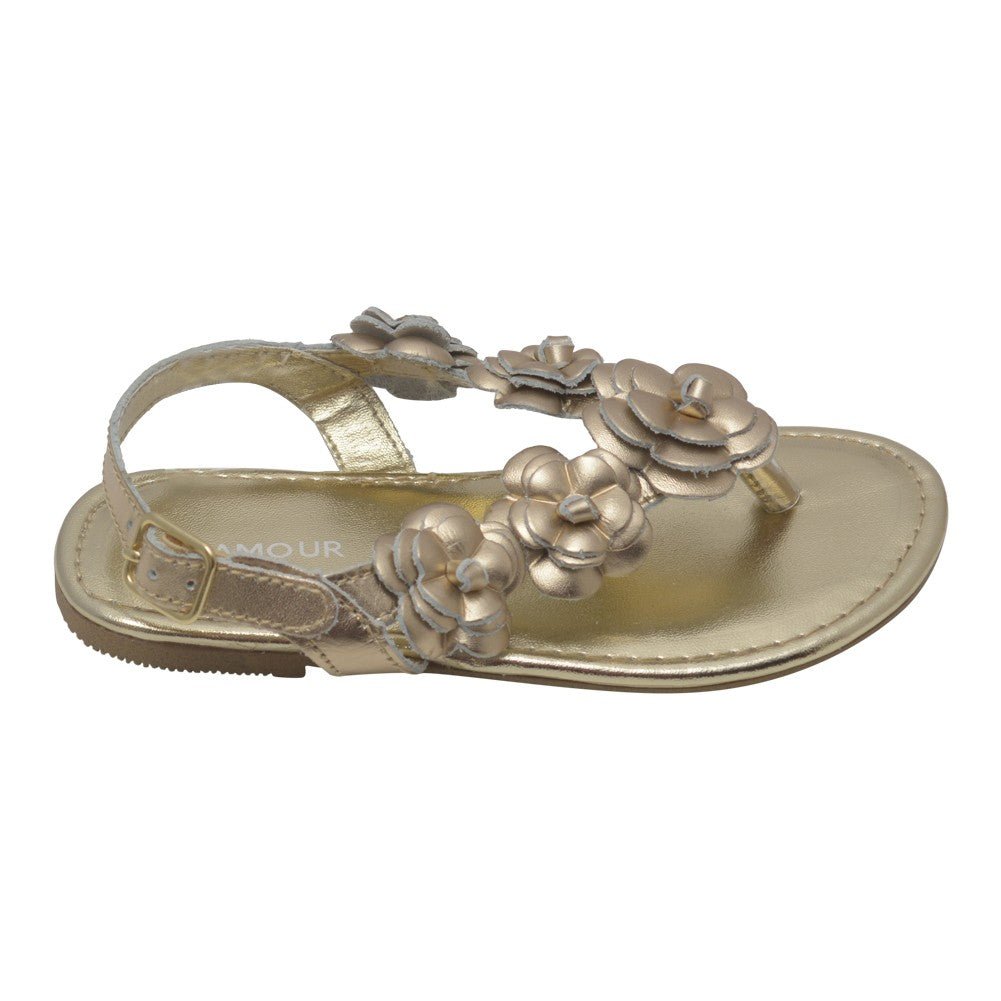 Girls Gold Flower Blossom Accent Buckle Thong Sandals 11-4 Kids