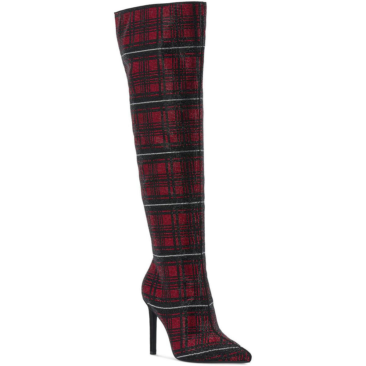 Saveria Rhinestone Plaid Over-The-Knee Boots