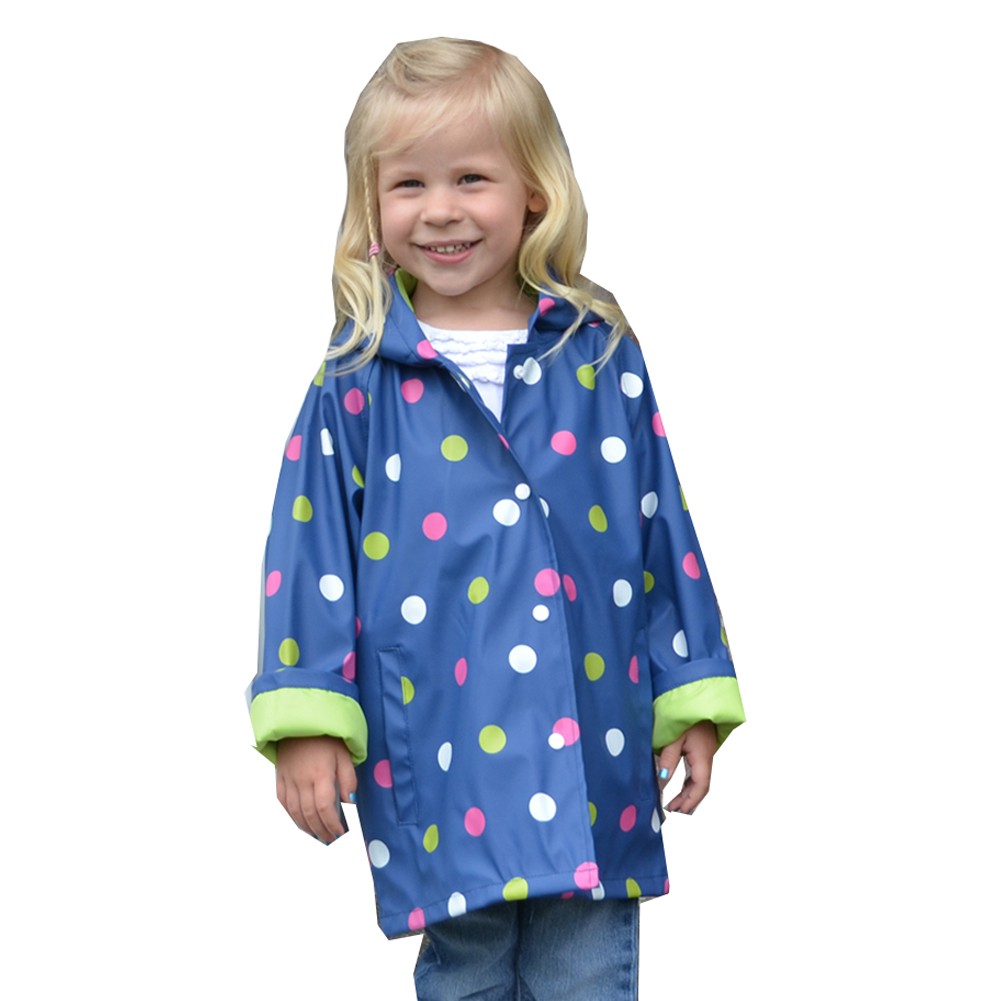 Little Girls Navy Shiny Polka Dotted Print Trendy Raincoat 1T-6