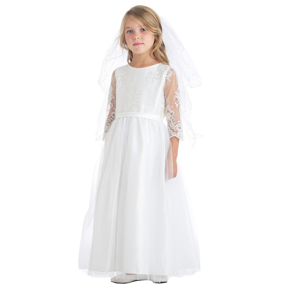 Big Girls White Embroidered Lace Scallop Communion Dress 7-16