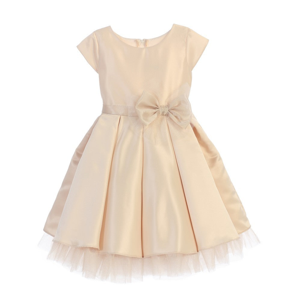 Big Girls Champagne Satin Full Pleated Bow Christmas Dress 7-12