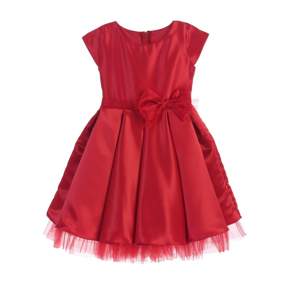 Little Girls Red Satin Full Pleated Bow Accent Christmas Dress 2-6