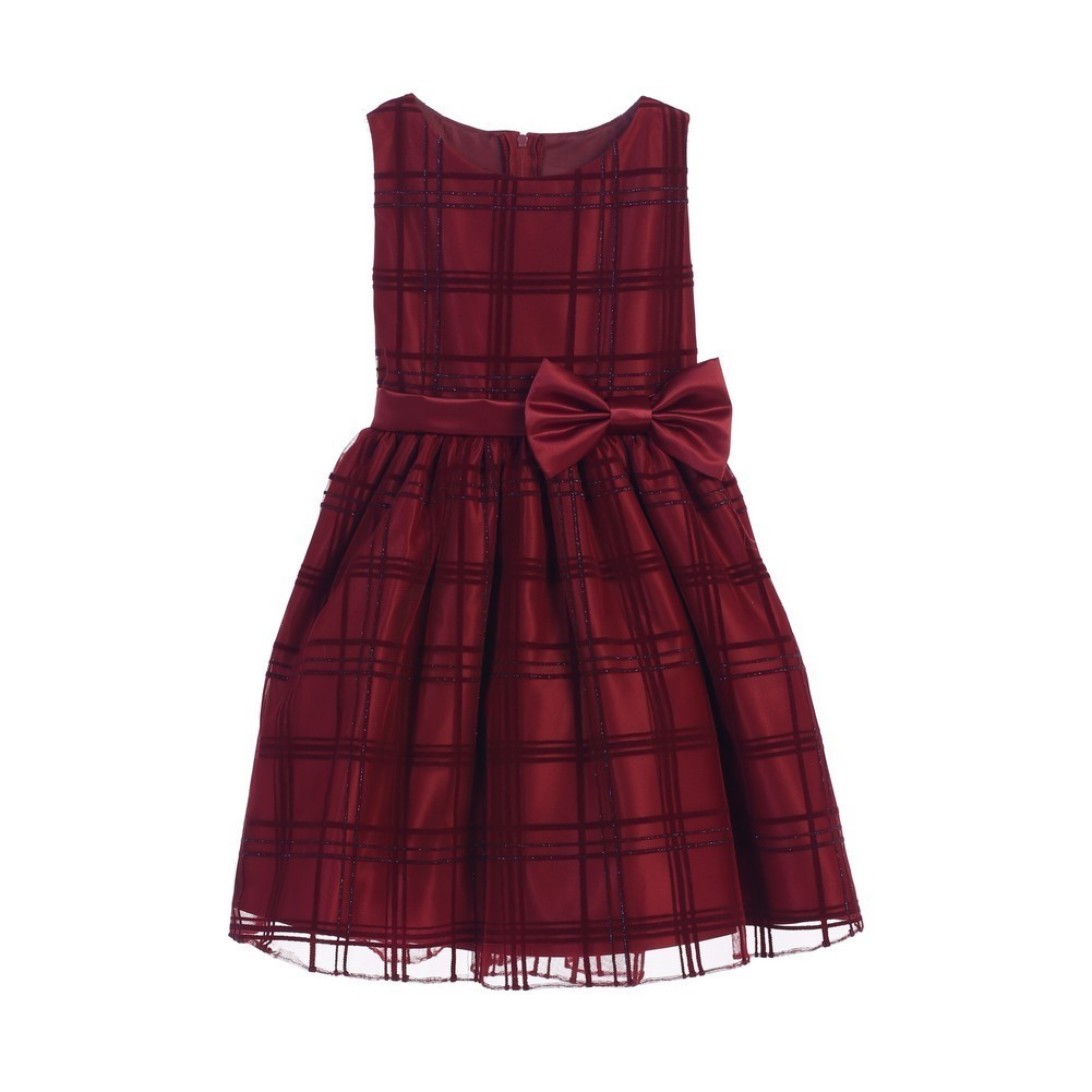 Little Girls Burgundy Flocked Glitter Plaid Mesh Christmas Dress 2-6