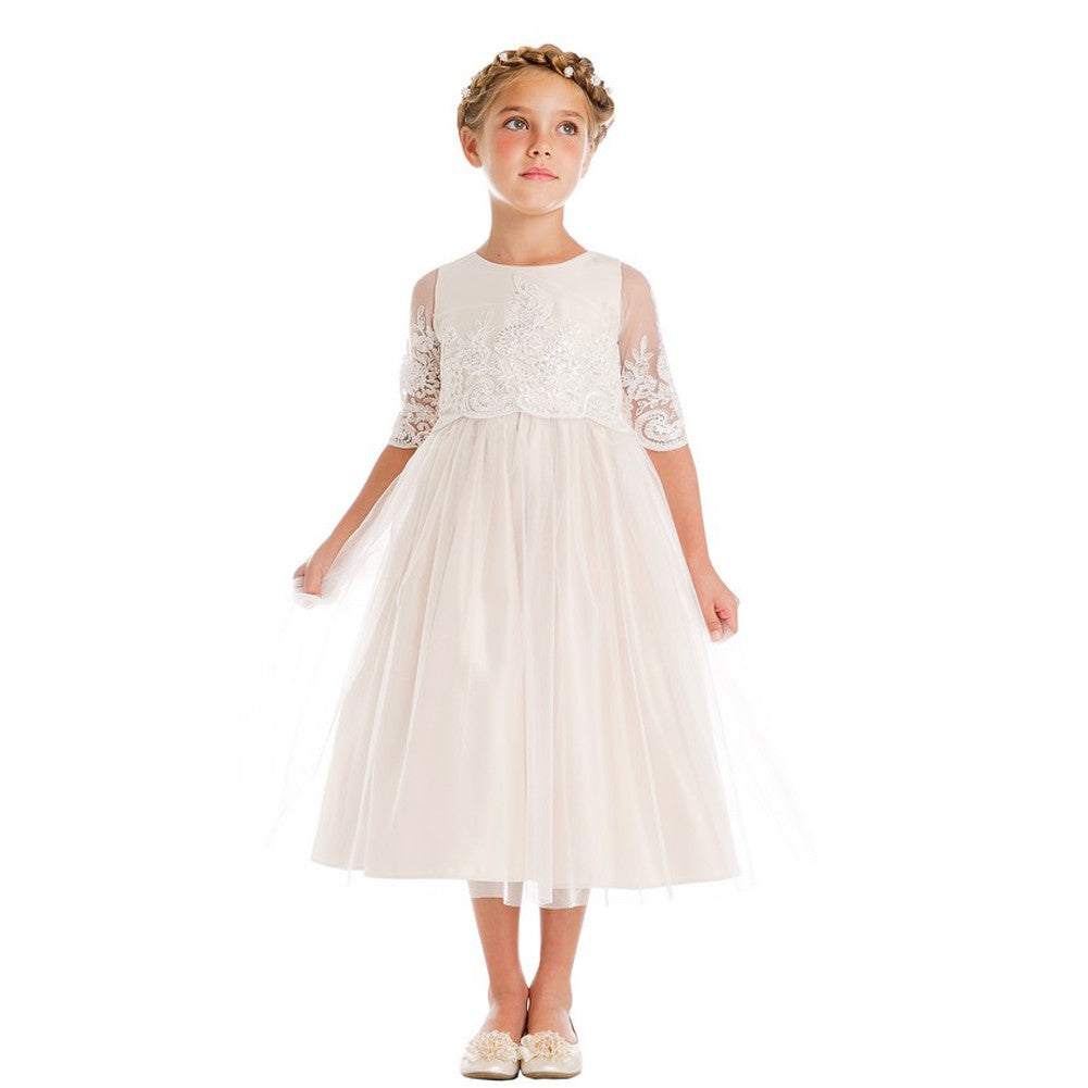 Little Girls Champagne Sequin Cord Detail Flower Girl Dress 2-6