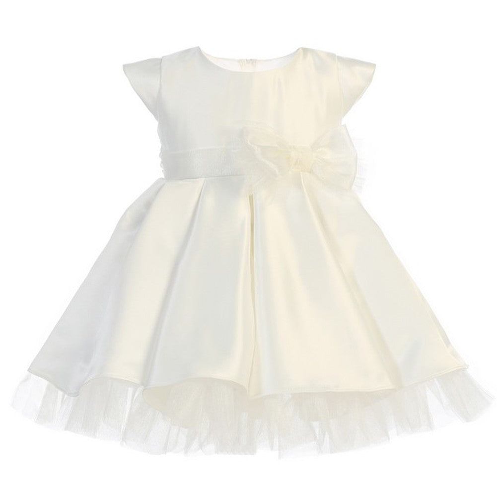 Baby Girls Off-White Full Pleated Satin Bow Flower Girl Dress 6-24M