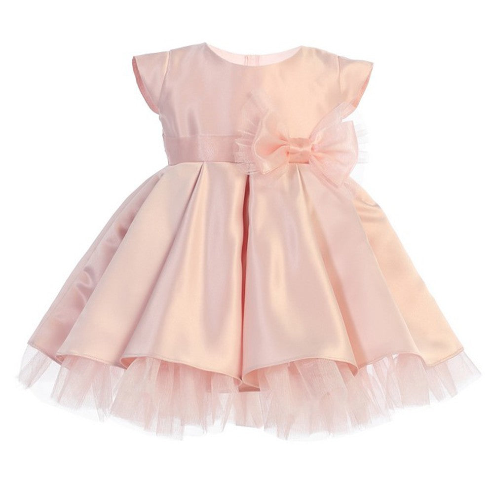 Baby Girls Pink Full Pleated Satin Bow Flower Girl Dress 6-24M