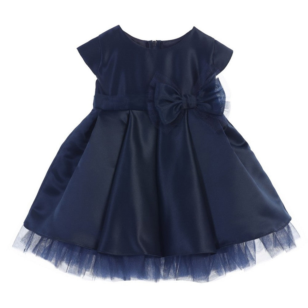 Baby Girls Navy Satin Full Pleated Bow Accent Christmas Dress 6-24M