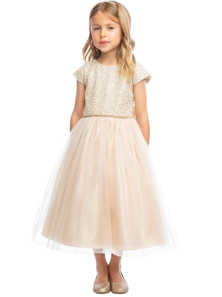 Big Girls Champagne Jeweled Top Tulle Skirt Christmas Dress 16