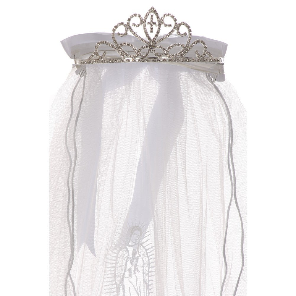 Girls White Virgin Mary Detail Communion Flower Girl Veil Tiara