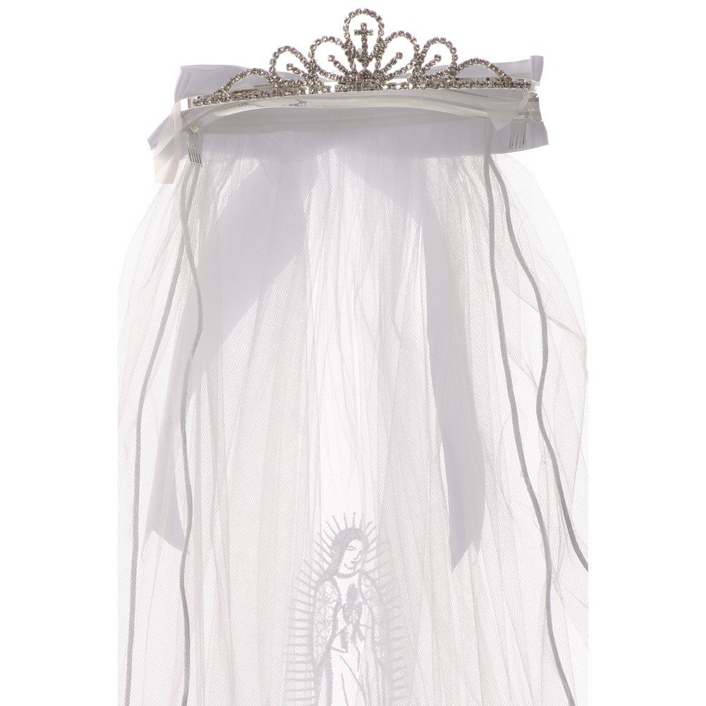 Girls White Virgin Mary Embroidery Communion Flower Girl Tiara Veil