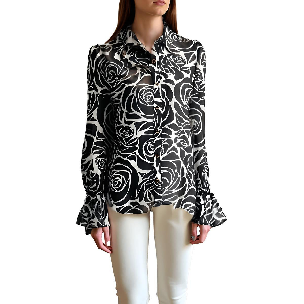 Printed Sheer Button-Down Top