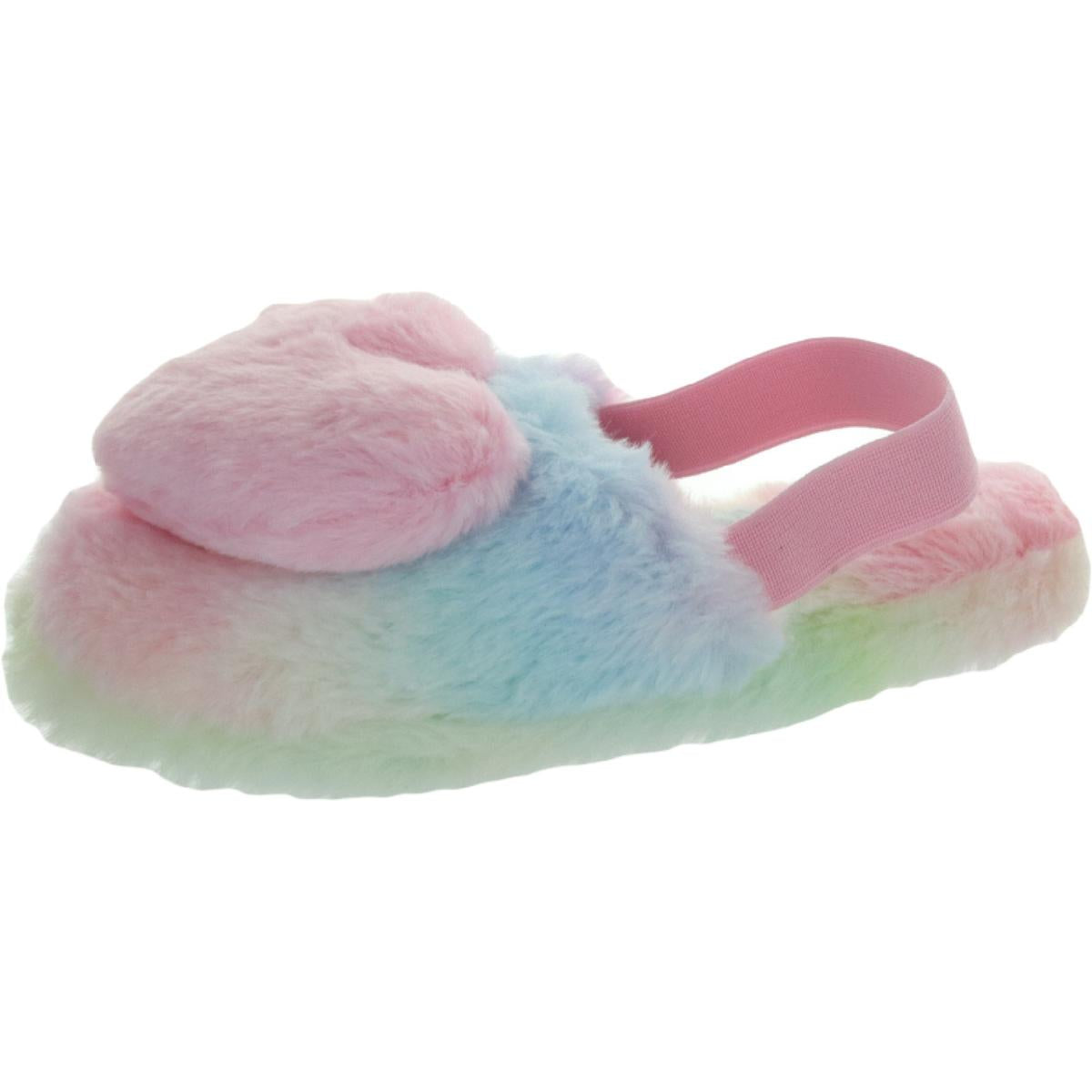 Girl's Fluffy Faux Fur Slingback Slippers with Heart Pom Pom