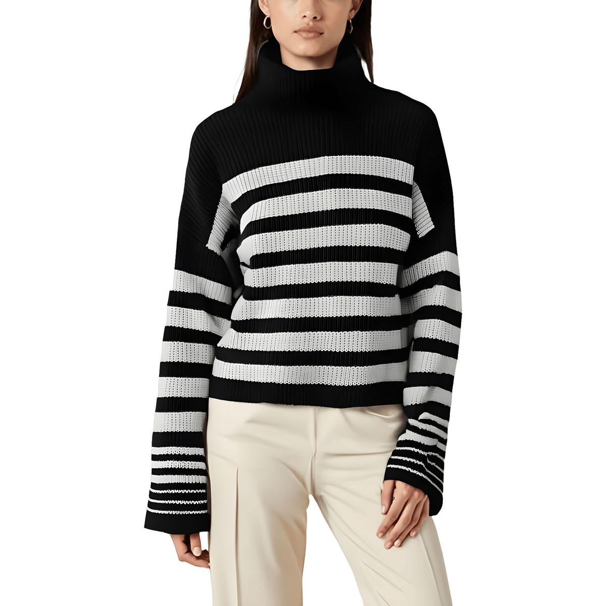 Striped Knit Mock Turtleneck Sweater