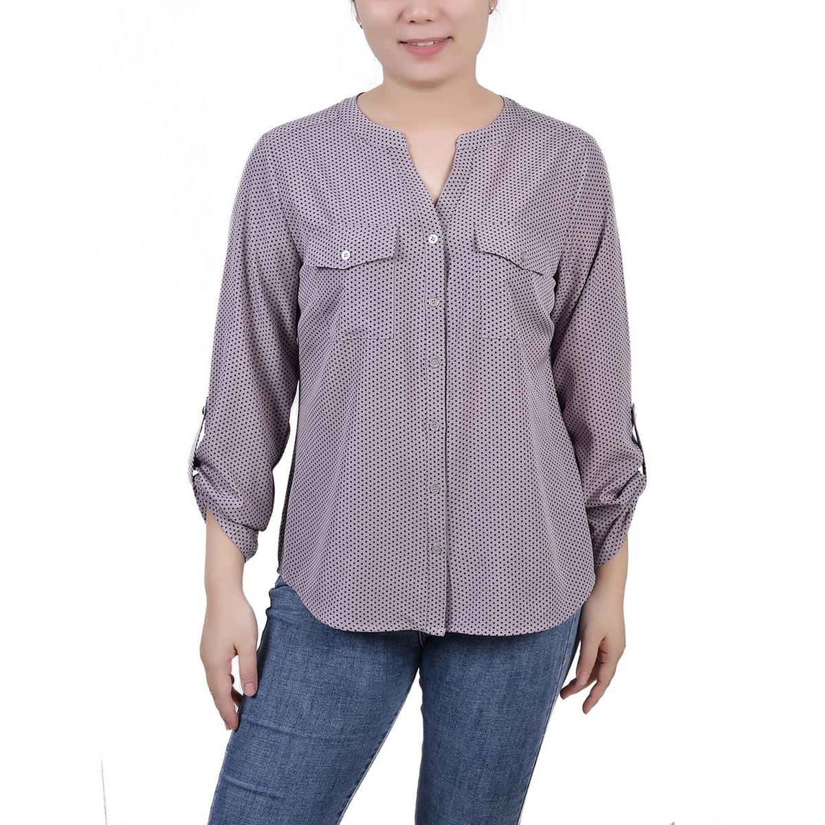 Petites Button-Front Long Sleeve Blouse