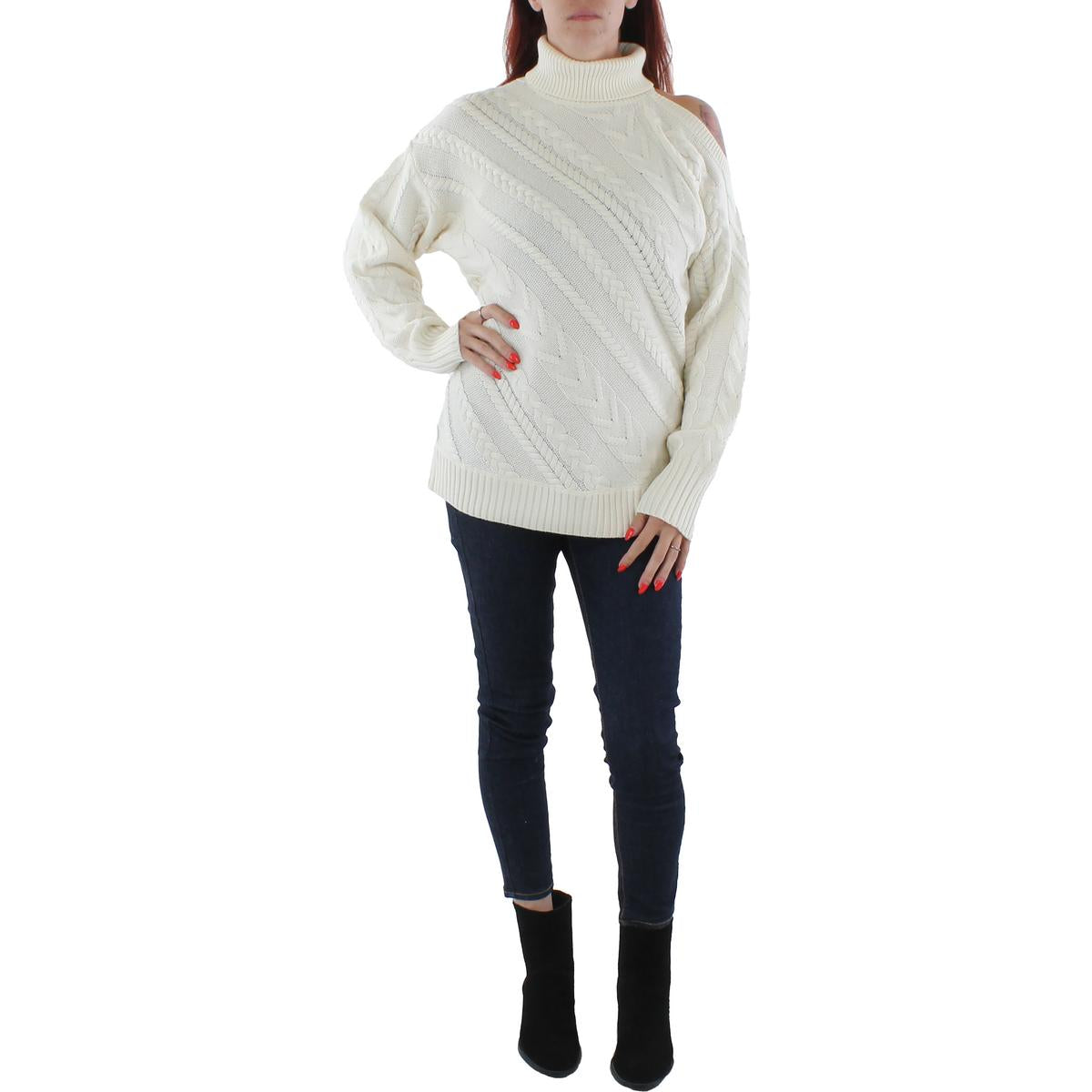Cable Knit Cold Shoulder Wool Blend Turtleneck Sweater