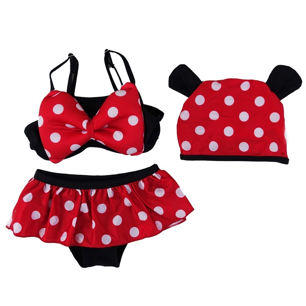 Little Girls Black Red Polka Dot Mickey Hat Bikini Swimsuit 2T-7