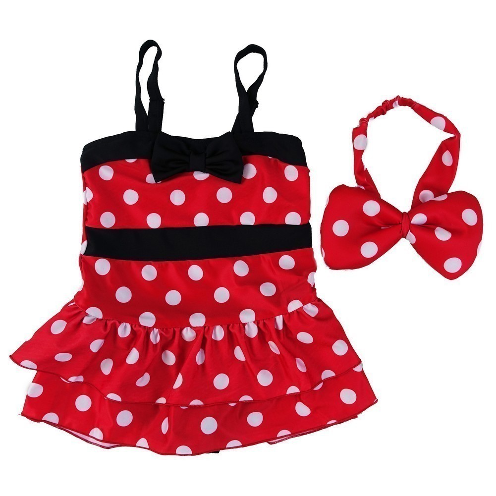 Little Girls Red Black Polka Dot Mickey Headband Swimsuit 2T-7